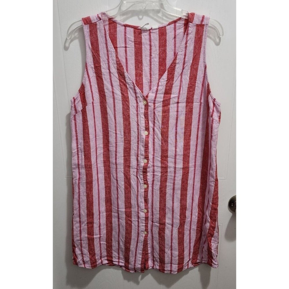 Gap Women's Sleeveless Button Up Dress Pink/Red Vertical Stripe Linen Blend Sz M